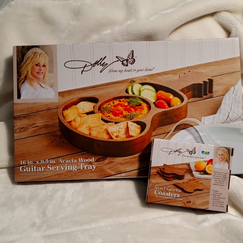 Acacia Wood Guitar Serving Tray! including 4 coastars. "Dolly Parton "